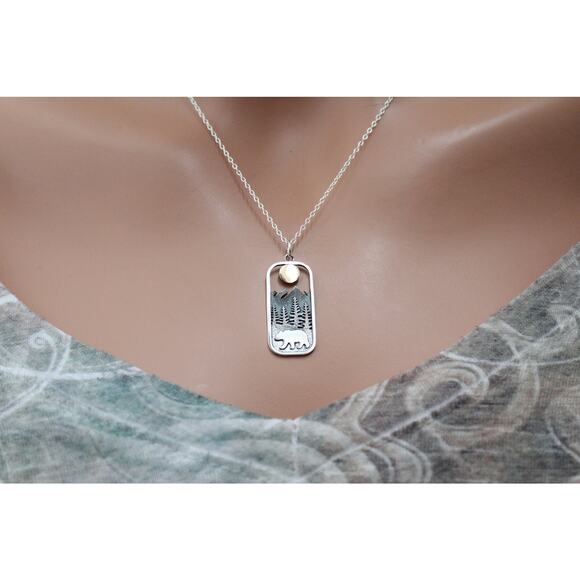 Sterling Silver Rectangle Bear Charm with Bronze Sun Necklace - Picture 2 of 6